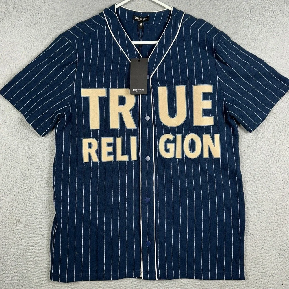 NEW True Religion Shirt Mens Medium Navy Baseball Jersey Graphic Print Button Up